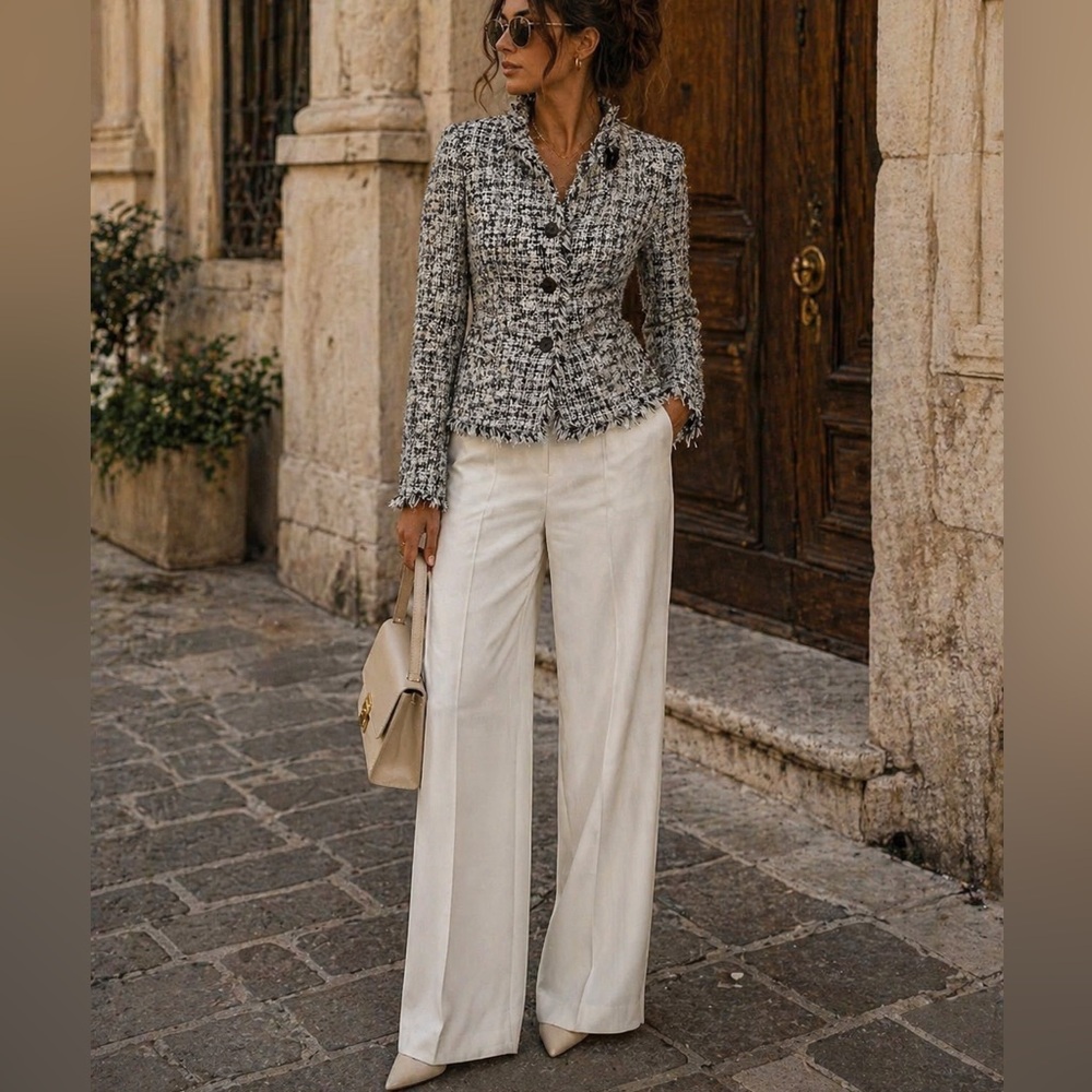 Women Medium‎ Black/white Silk Blend Tweed Blazer Old Money Quite Luxury Career